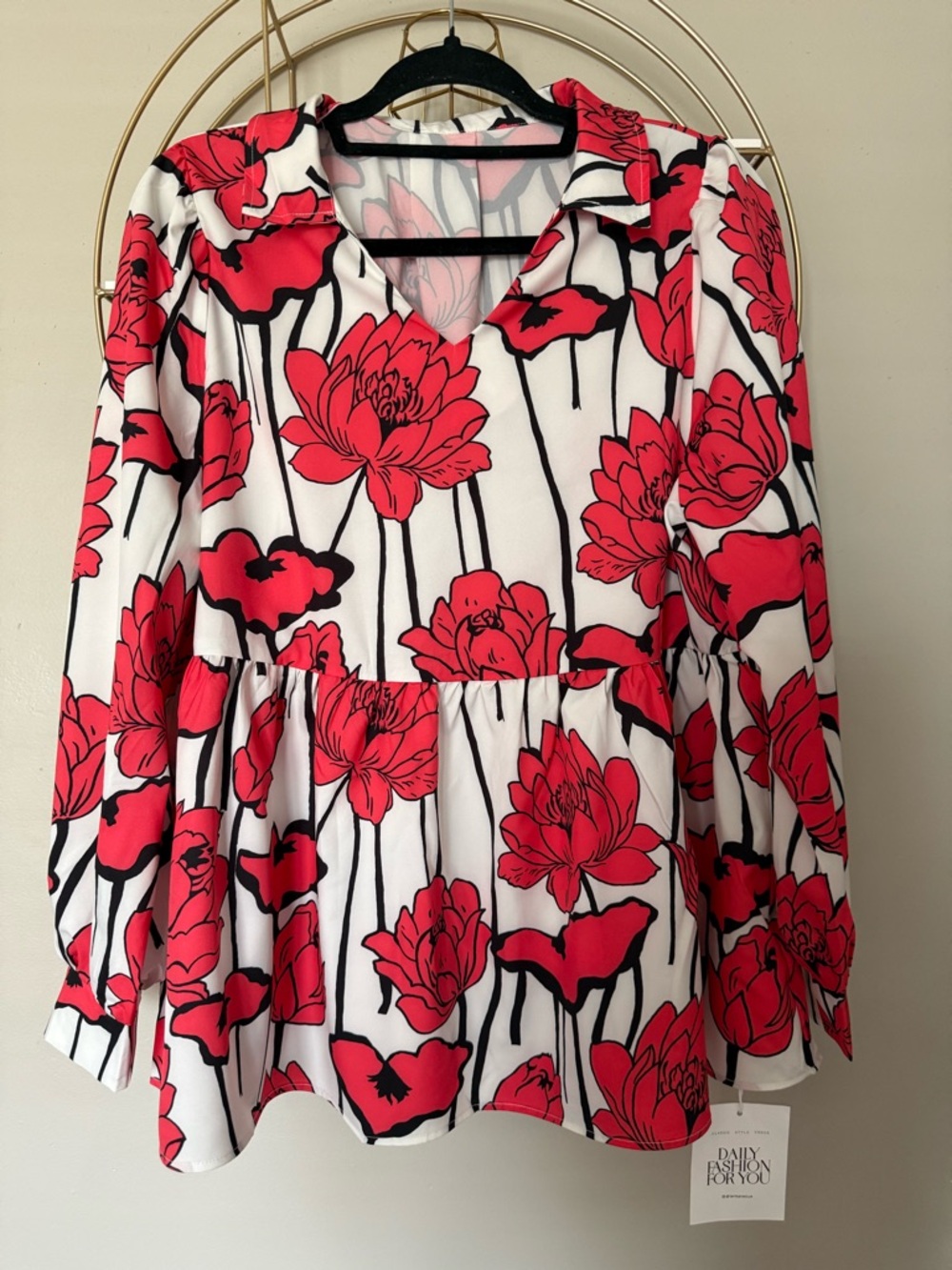 Red Floral V-Neck Peplum Blouse